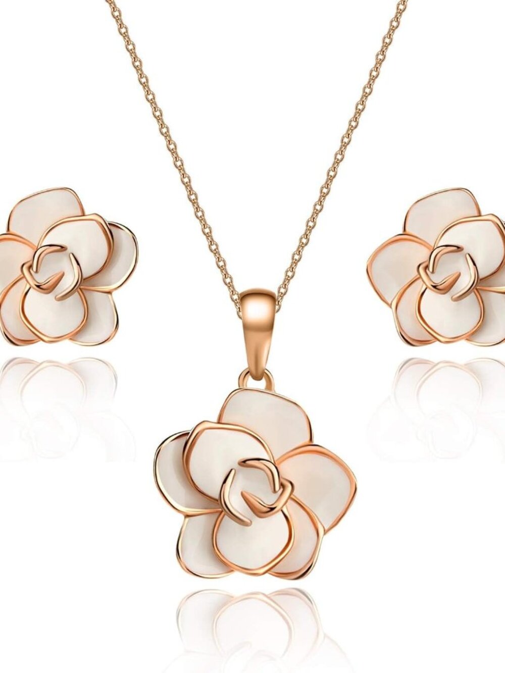 Rose Flower Necklace Earrings Set for Women 18K Gold Plated Hypoallergenic Jewel